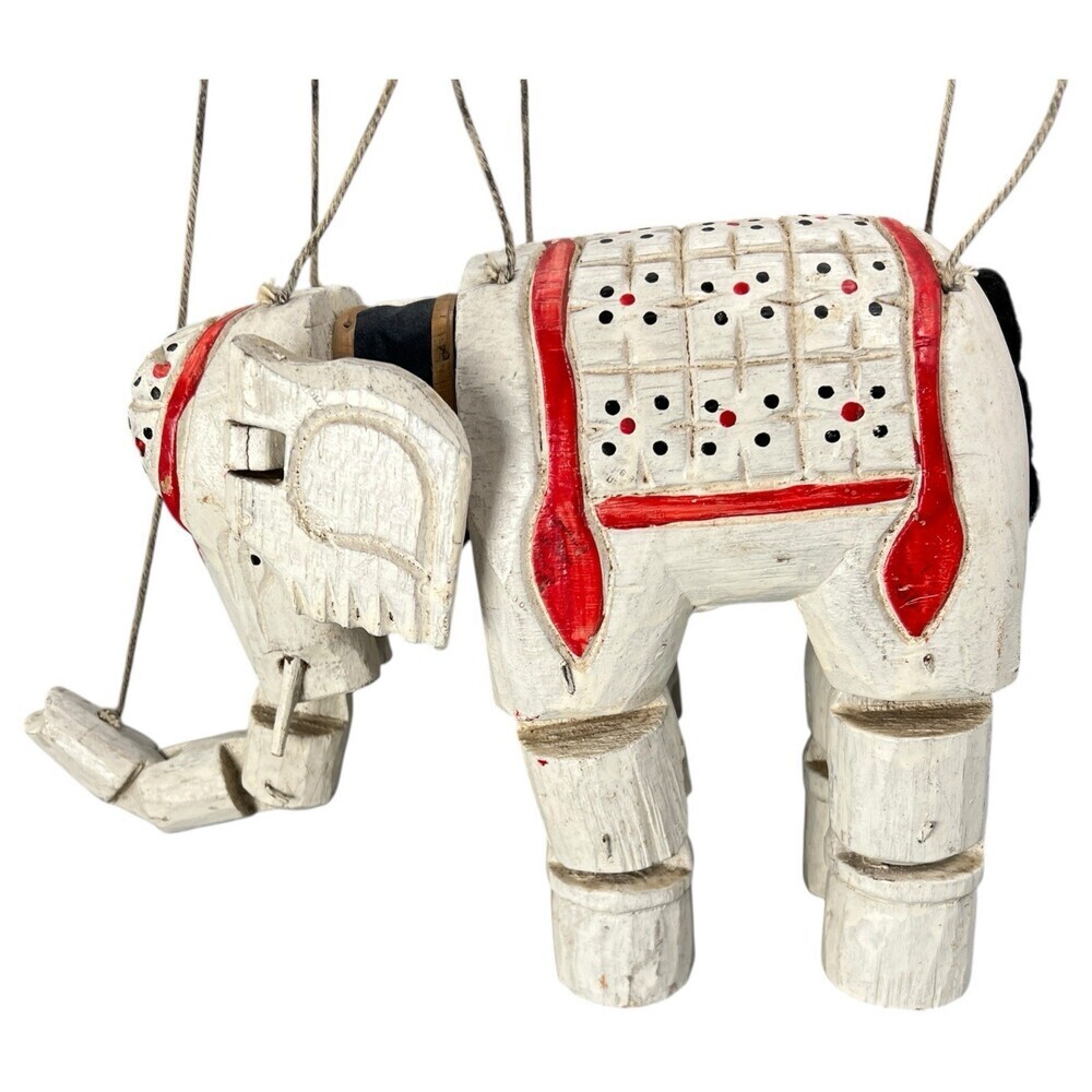 Handmade Wooden East Indian Elephant Marionette Jointed Puppet Folk Art VTG